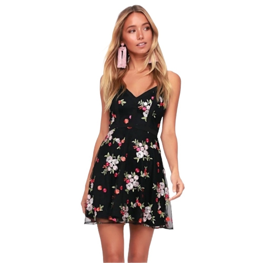 NWT Lulus Black Floral Embroidered Mesh Mini Dress 💘🌹 Size Small 💕✨